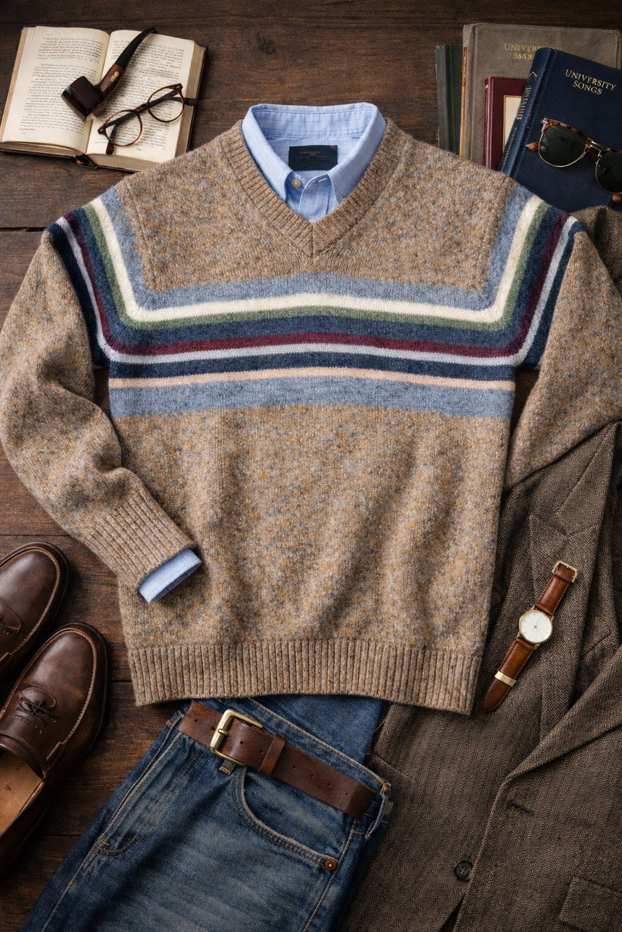 Vintage Express Blues 100% Wool Striped V-Neck Sweater Preppy Men’s Small